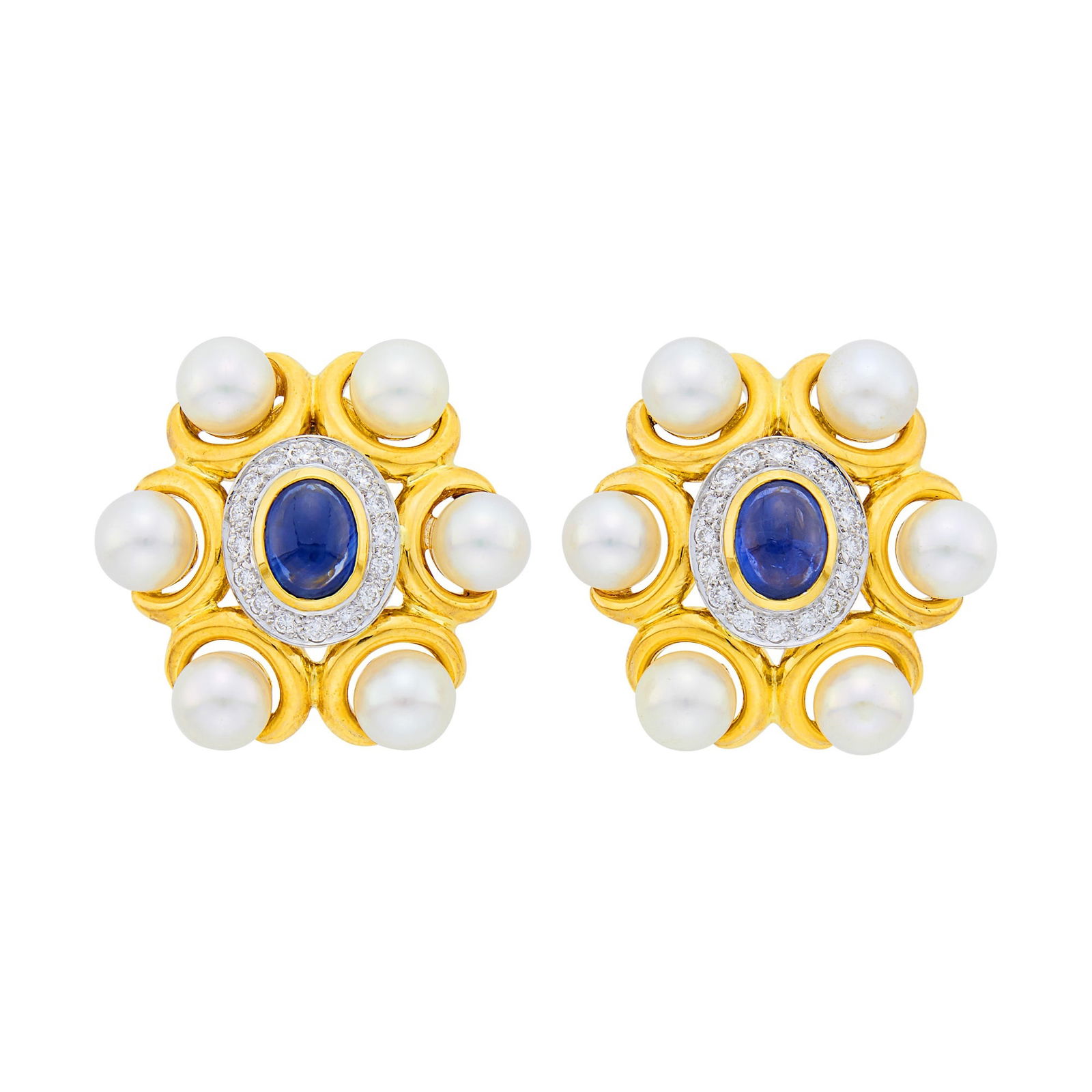 Pair of Two-Color Gold, Cabochon Sapphire, Cultured Pearl and Diamond Earrings (1 of 2)