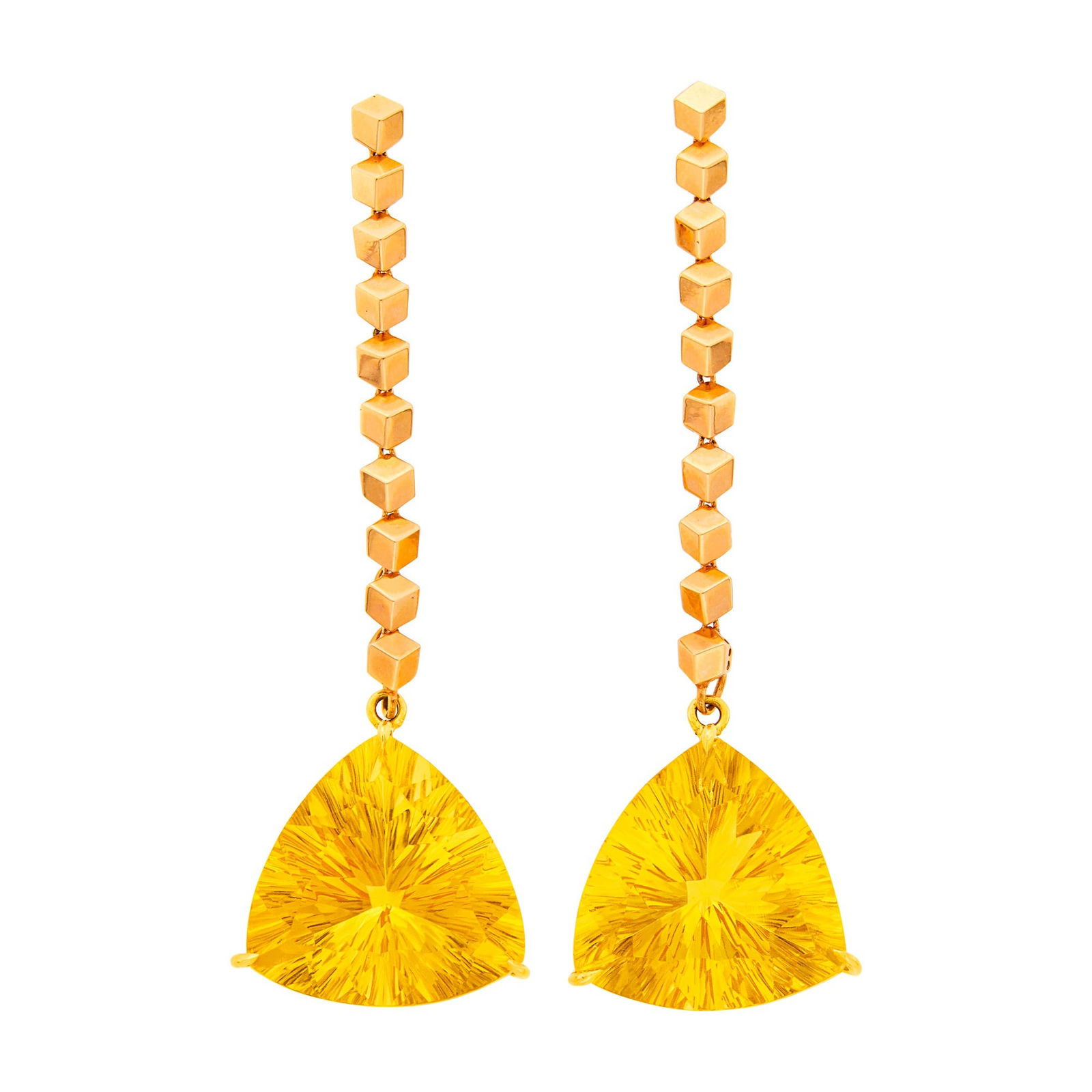 Paolo Costagli Pair of Two-Color Gold and Citrine 'Brillante Sexy' Pendant-Earrings: 18 kt. rose and yellow gold, 2 trilliant-shaped fantasy-cut citrines ap. 40.20 cts., with maker's mark, pendants detachable. With signed box and pouch. Citrines: bright vivid slightly o