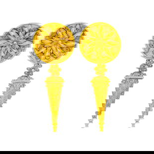 Ilias Lalaounis Pair of Gold Pendant-Earclips: 18 kt., signed Lalaounis, with maker's mark, ap. 10.4 dwts. One top slightly out-of-round. Pendants of lighter yellow gold. Clip-backs. 2 1/8 x 13/16 inches.