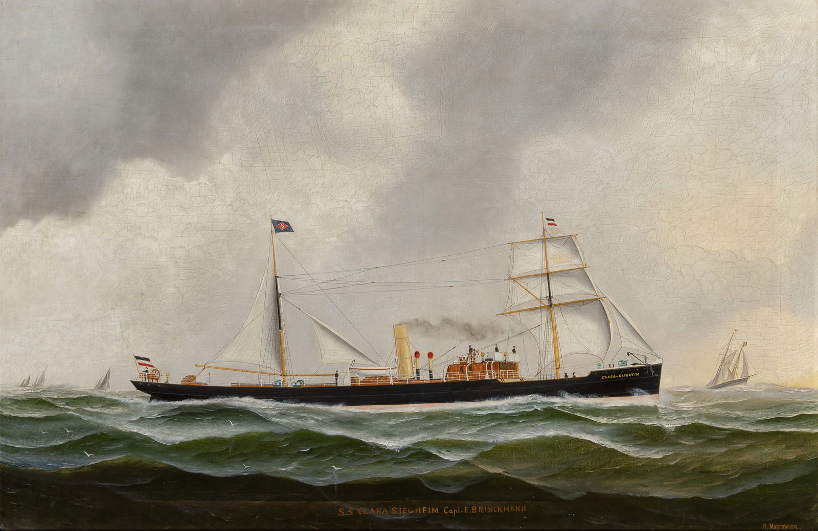 John Henry Mohrmann: German/American, 1857-1916S.S. Clara SiegheimSigned H. Mohrmann. Antwerp (lr) and inscribed SS Clara Siegheim. Capt. E. Brinckmann (lc)Oil on canvas 23 3/4 x 35 1/2 inches (60.3 x 90.2 cm)
