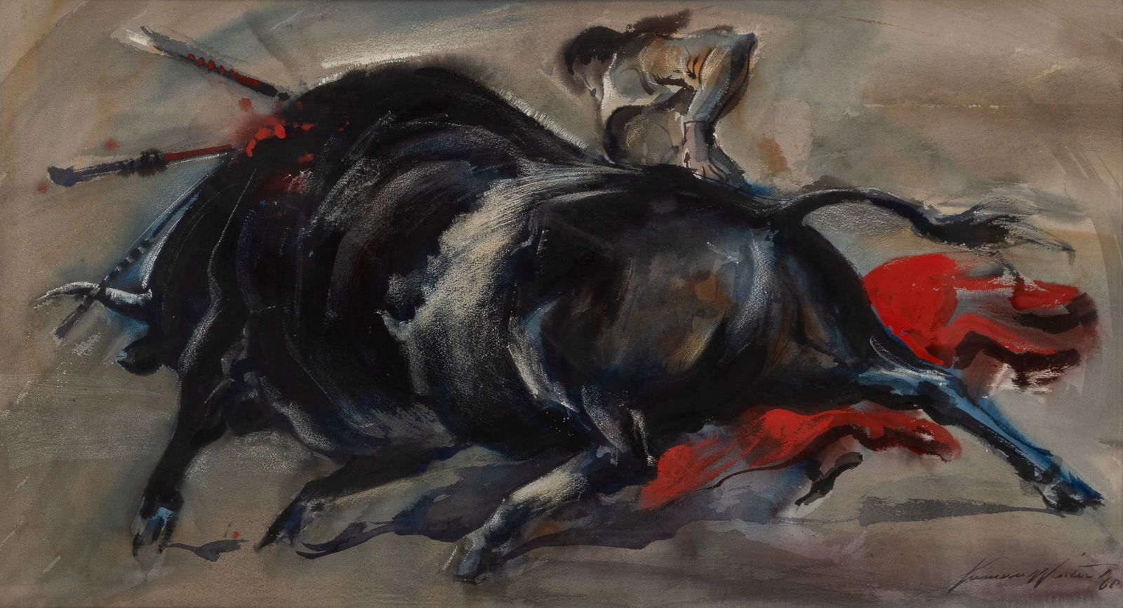 Lumen Martin Winter: American, 1908-1982The Bullfight, 1960Signed and dated Lumen Winter 60 (lr)Watercolor on paperboardSight 19 3/4 x 35 3/4 inches (50.2 x 90.8 cm) (Framed 28 1/2 x 44