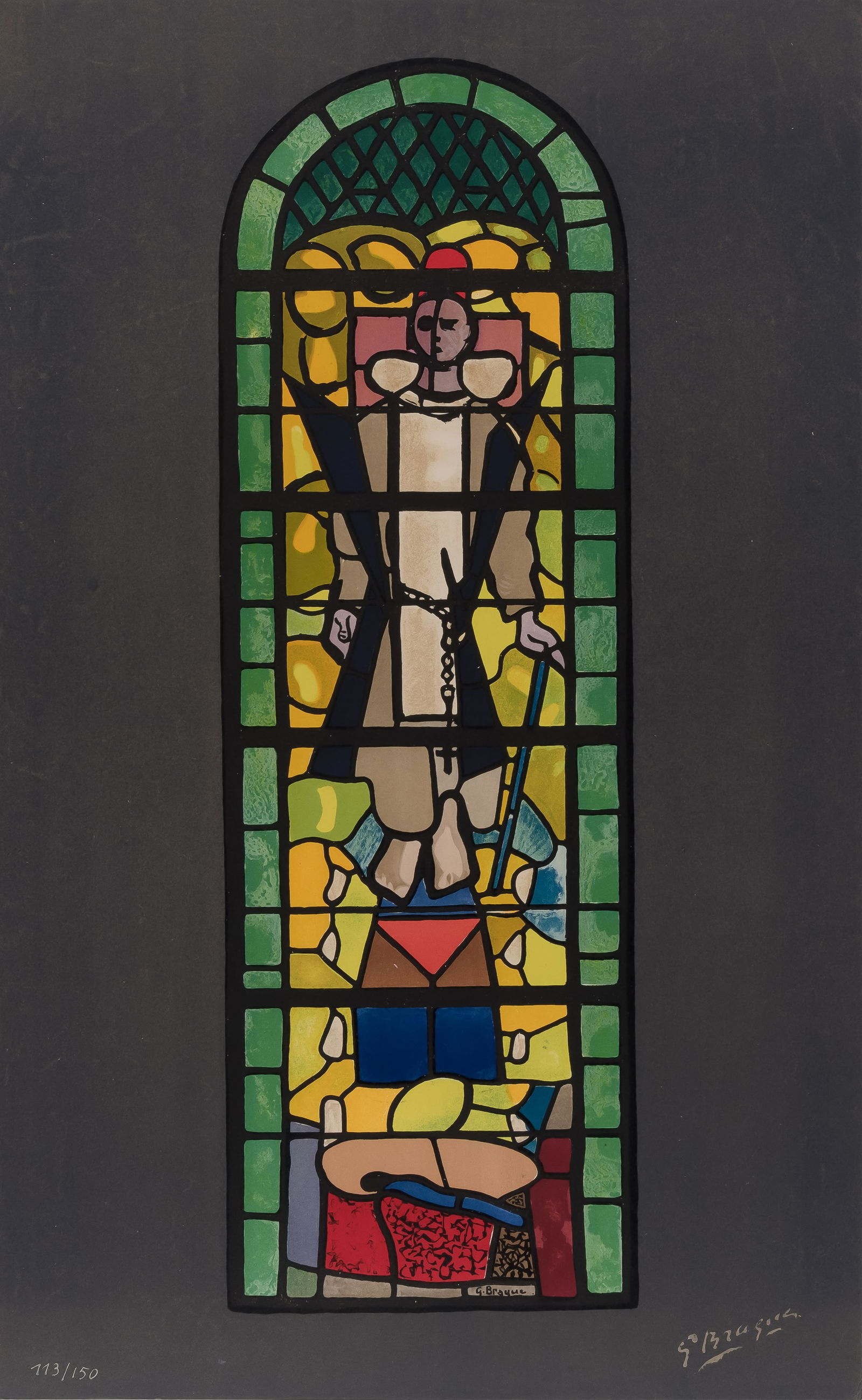 After Georges Braque (1882-1963): STAINED GLASS WINDOW AT CHURCH OF SAINT DOMINIQUE, VARENGEVILLEColor lithograph, 1960, on wove paper, signed and numbered 113/150 in white ink, the full sheet, unframed.Sheet 29 1/2 x 18 1/2 inches; 7