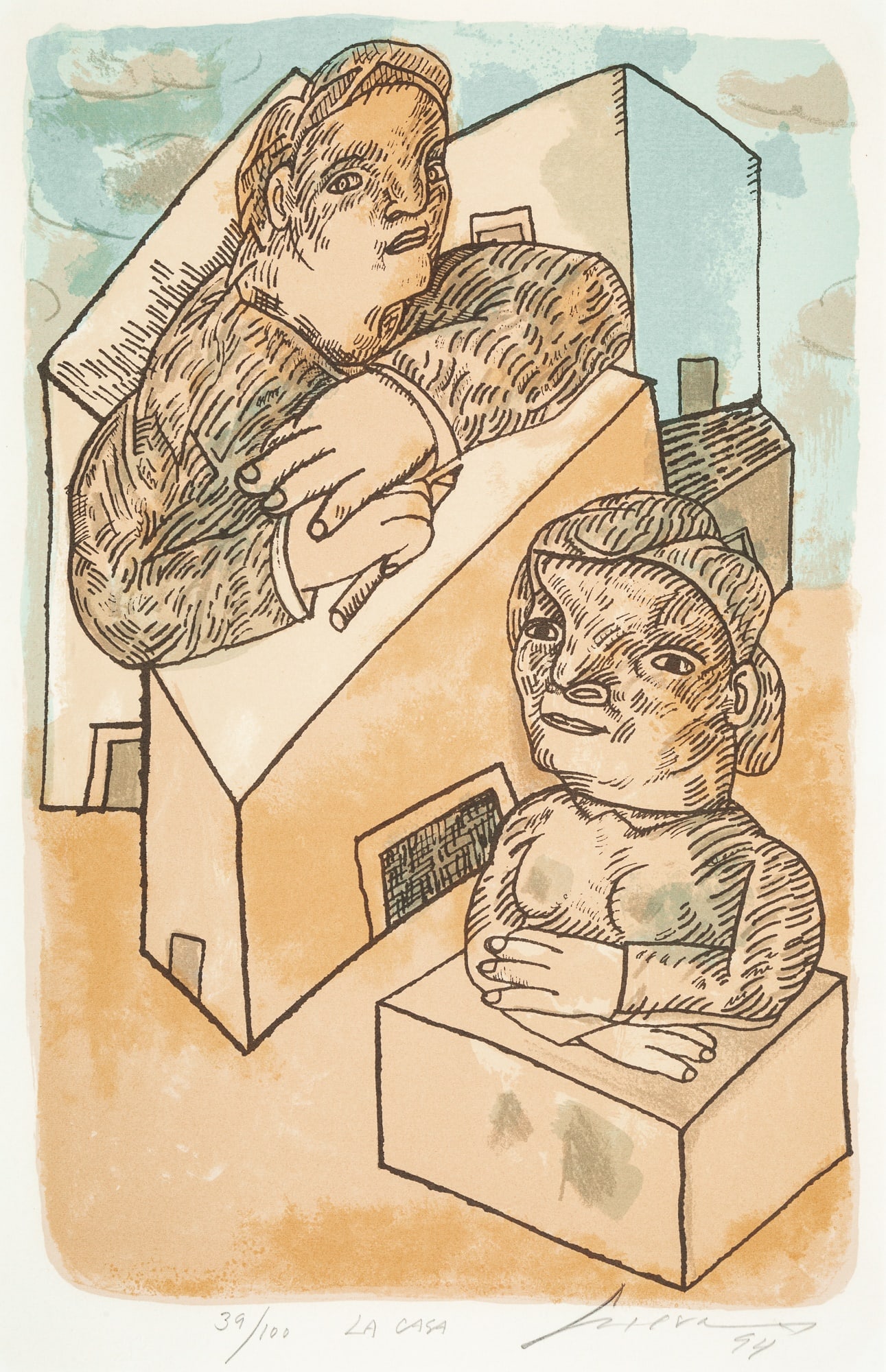 José Luis Cuevas (1933-2017): LA CASAColor etching, 1994, on wove paper, signed, dated, titled and numbered 39/100 in pencil, with an indentifed printer or publisher blindstamp, with full margins, unframed.Image 20 1/2 x 13 3/8 in