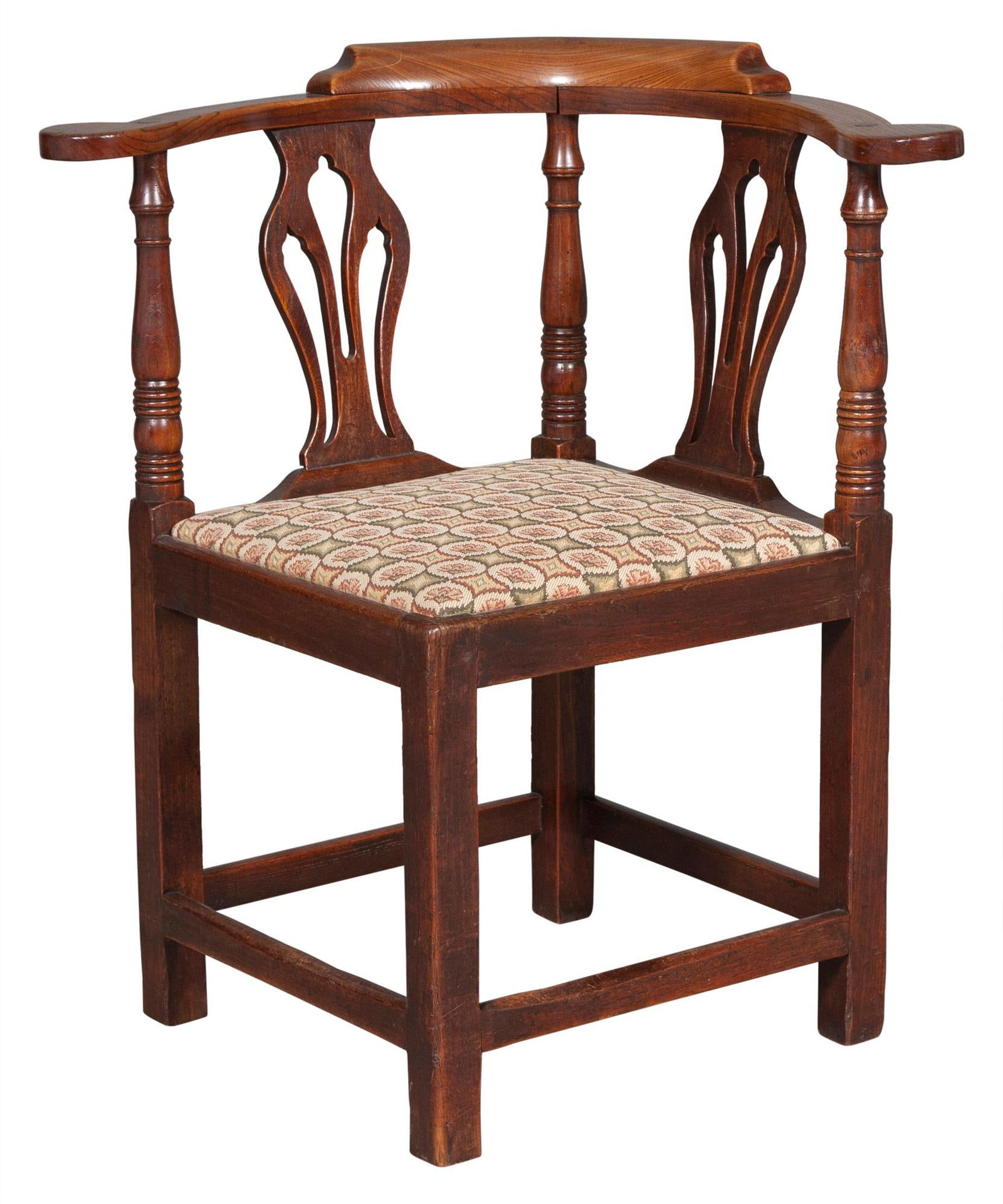 George III Walnut and Elm Corner Chair Early 19th century: Height 31 inches, width 29 inches, depth 26 inches. Sturdy, overall good condition commensurate with age, some stains, old marks and scratches, scuffs and wear.