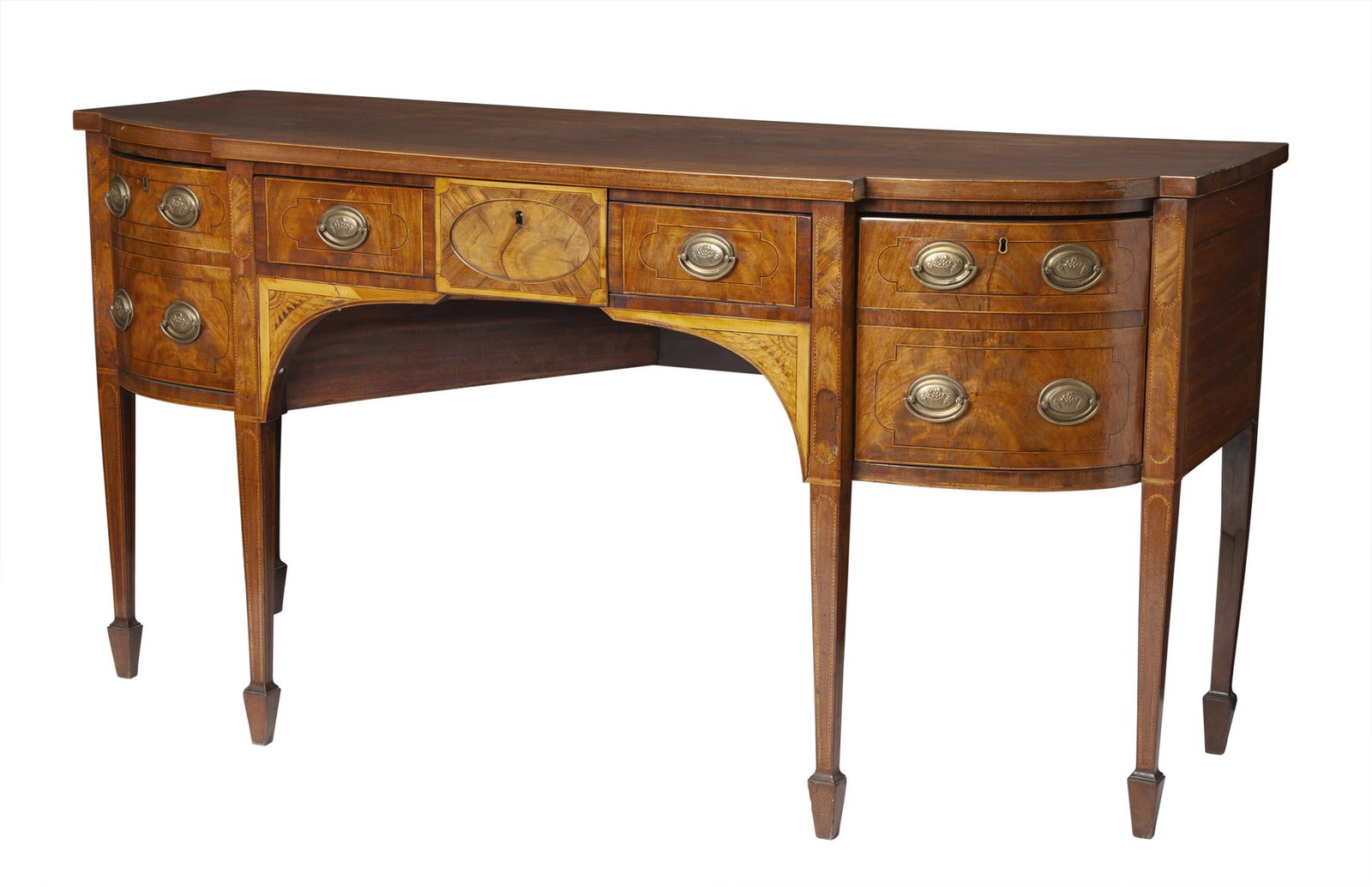 George III Satinwood-Inlaid Mahogany Sideboard Circa 1785: The breakfronted crossbanded top above a long frieze drawer and arched recess flanked by rounded deep drawers, one formerly a wine cooler and metal-lined, the other a cellaret, on tapering square legs