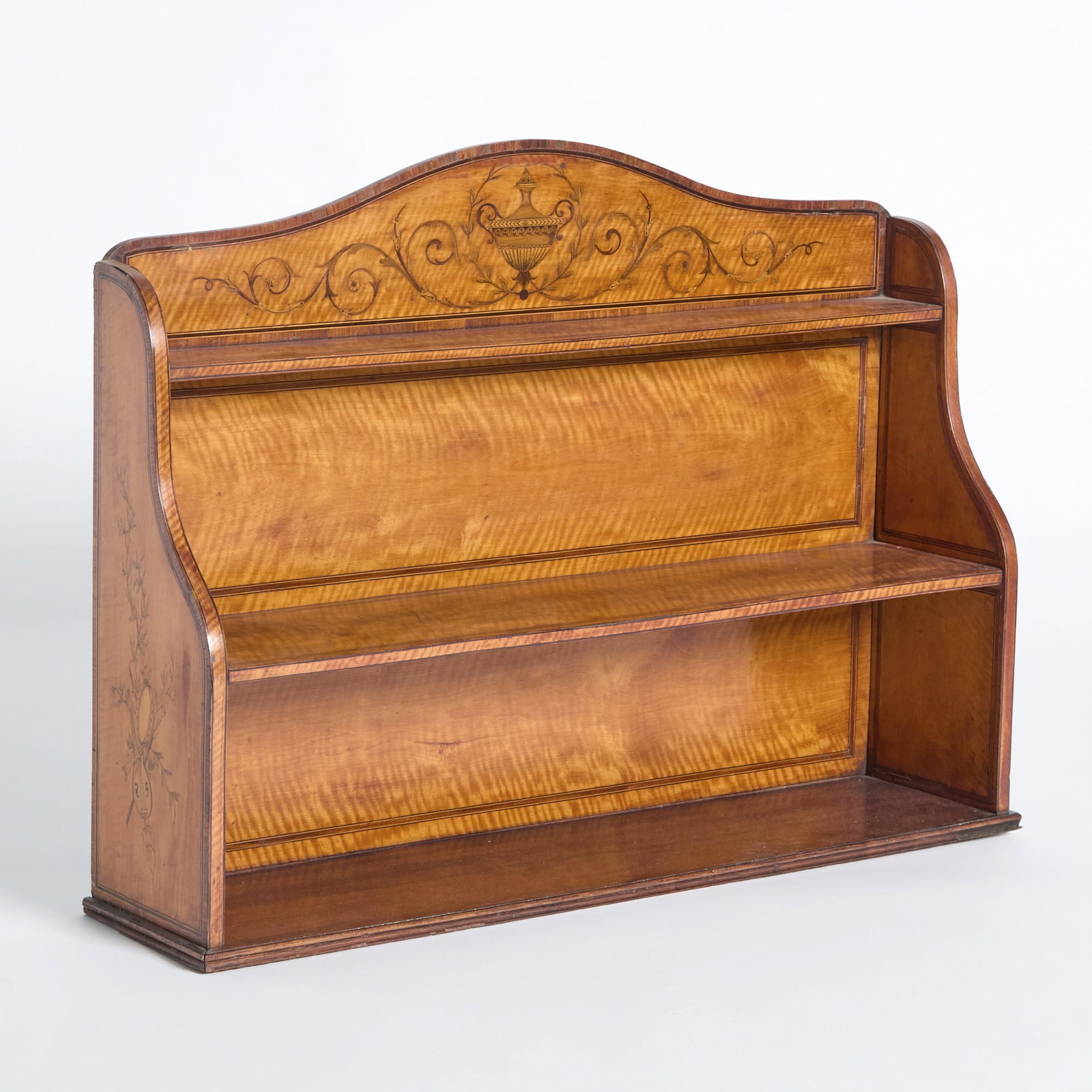 Edwardian Inlaid Satinwood Hanging Shelf: Height 26 1/4 inches, width 36 inches, depth 8 1/4 inches. cracking and losses to veneer