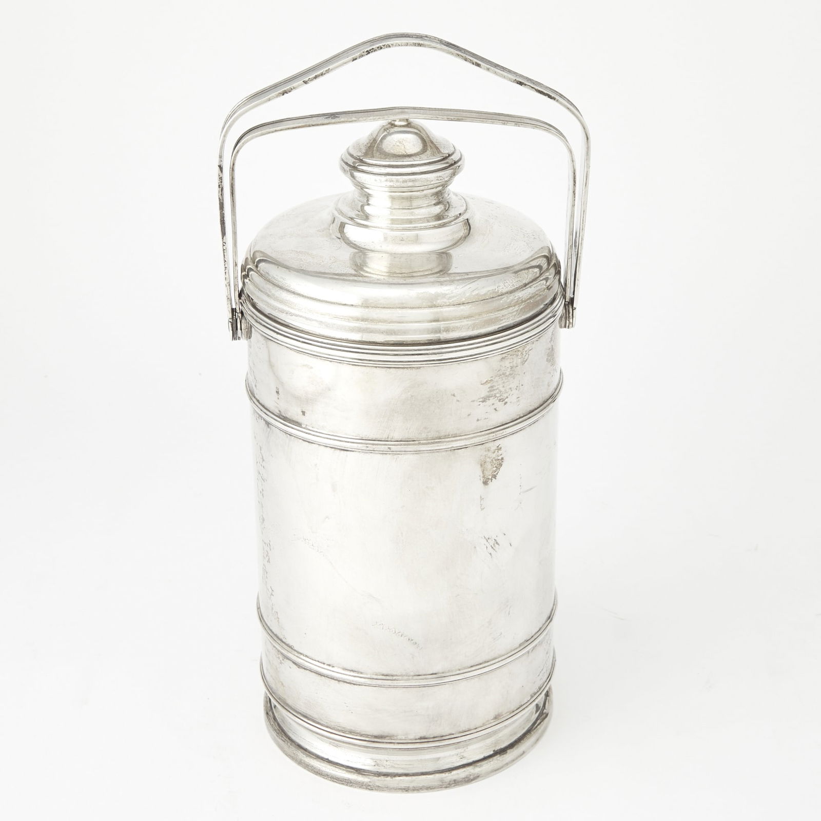 Cartier Sterling Silver Covered Ice Pail Mid 20th century: Height over handle 13 1/2 inches, weighted. Generally good condition overall with wear as expected from normal use; the lower handle good and tight fitting over cover to close pail; clearly hall