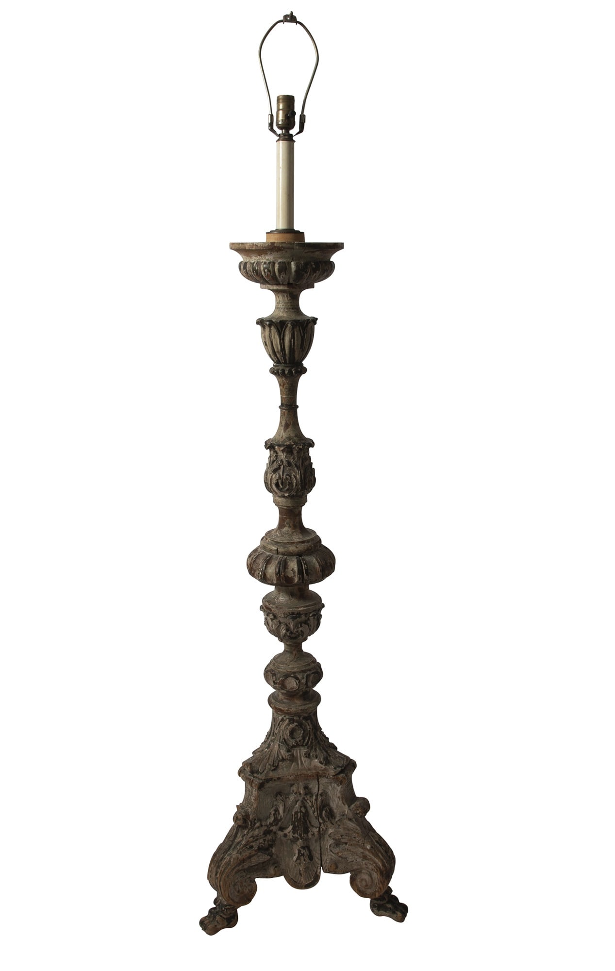 Renaissance Style Painted Wood Standing Candelabrum: Of triangular form and now electrified. Height 52 inches, overall height 67 1/2 inches.