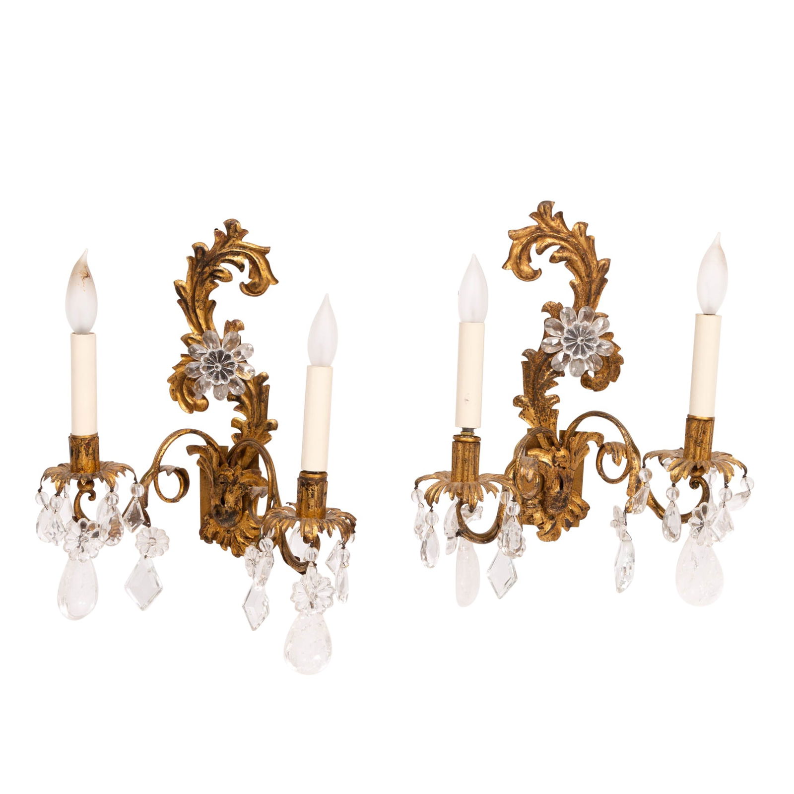 Pair of Rococo Style Gilt-Metal, Cut Glass and Rock Crystal Two-Light Sconces (1 of 4)