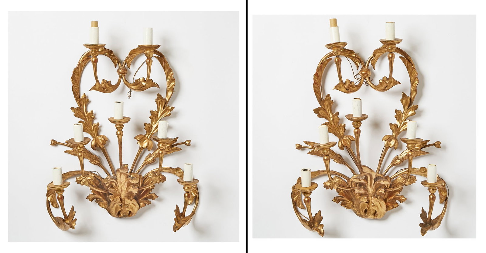 Pair of Italian Giltwood Seven-Light Sconces: Height 33 inches, width 29 inches. Qty: (2)