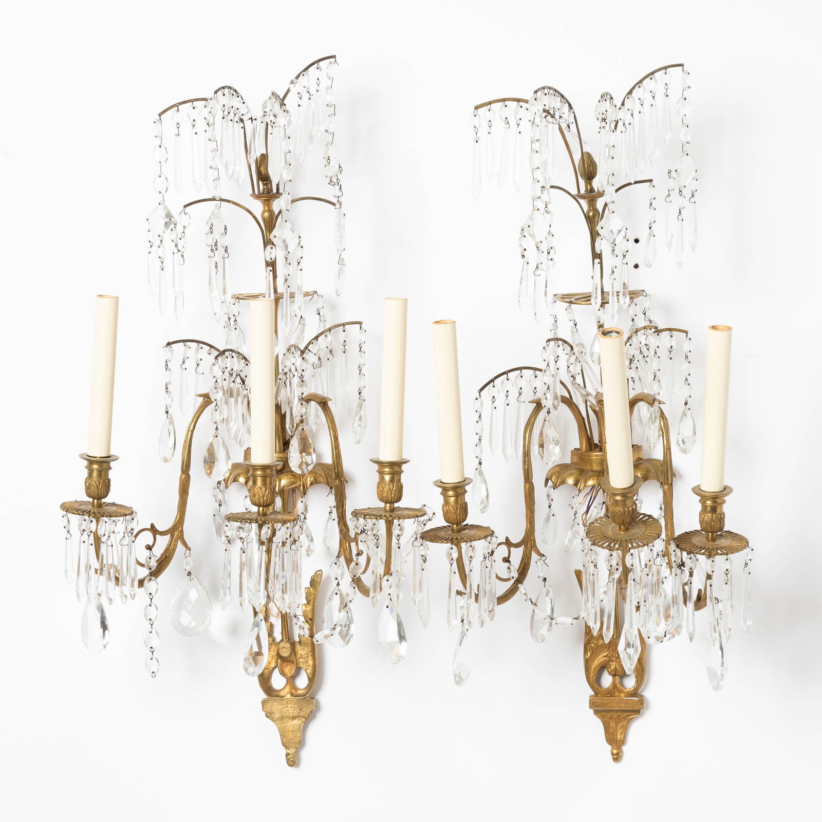 Pair of Swedish Neoclassical Bronze and Glass Three-Light Sconces 19th Century: Height 27 inches, width 14 1/4 inches. Qty: (2)