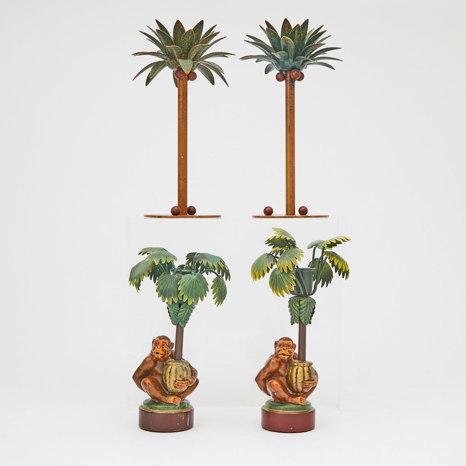 Pair of Tole Monkey-Form Candlesticks Together with a Pair of Palm Tree Candlesticks (1 of 5)