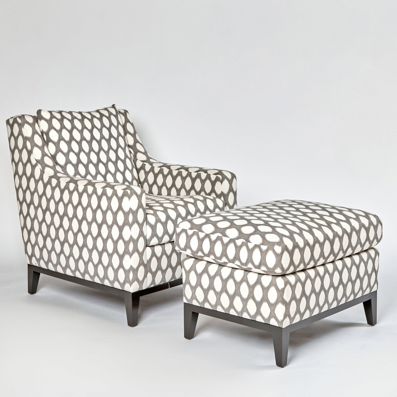 Upholstered Club Chair and Ottoman: Height of chair 35 inches, width 28 1/2 inches, depth of seat 22 inches, height of seat 19 1/2 inches; height of ottoman 19 inches, width 29 inches, depth 22 inches. Qty: (2)