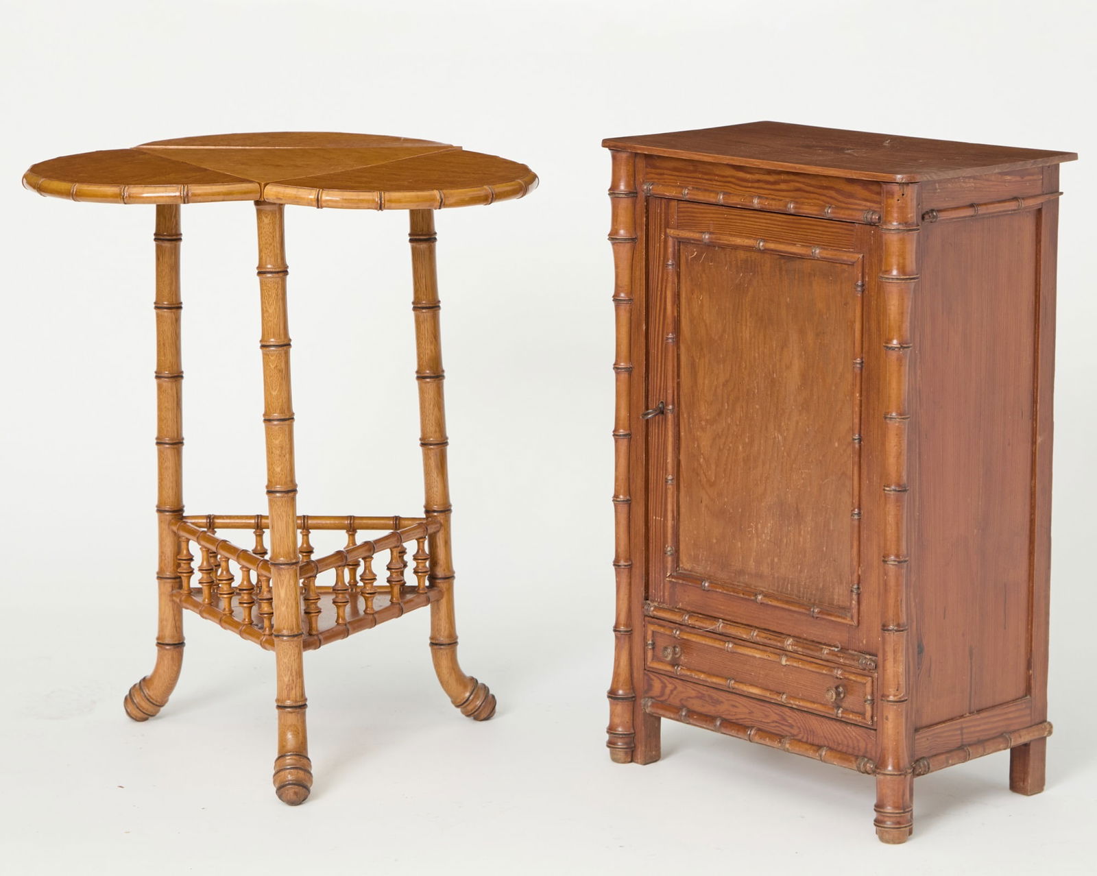 Victorian Faux Bamboo & Bird's Eye Maple Trefoil Table Together with a Pine Small Cabinet (1 of 8)