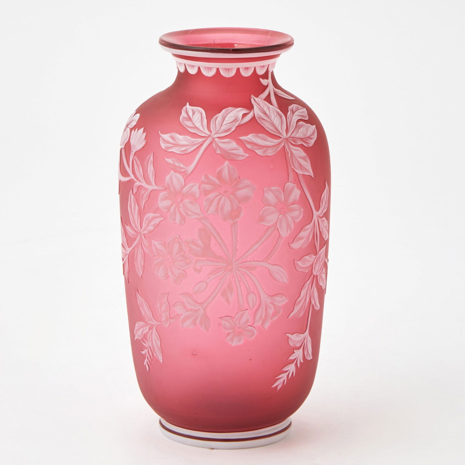 Cameo Glass Vase: In the style of Thomas Webb & Sons, of ovoid form, in transparent red colored glass, cased in opaque white color, decorated with a pendant flowering branch on one side and two butterlies in flight