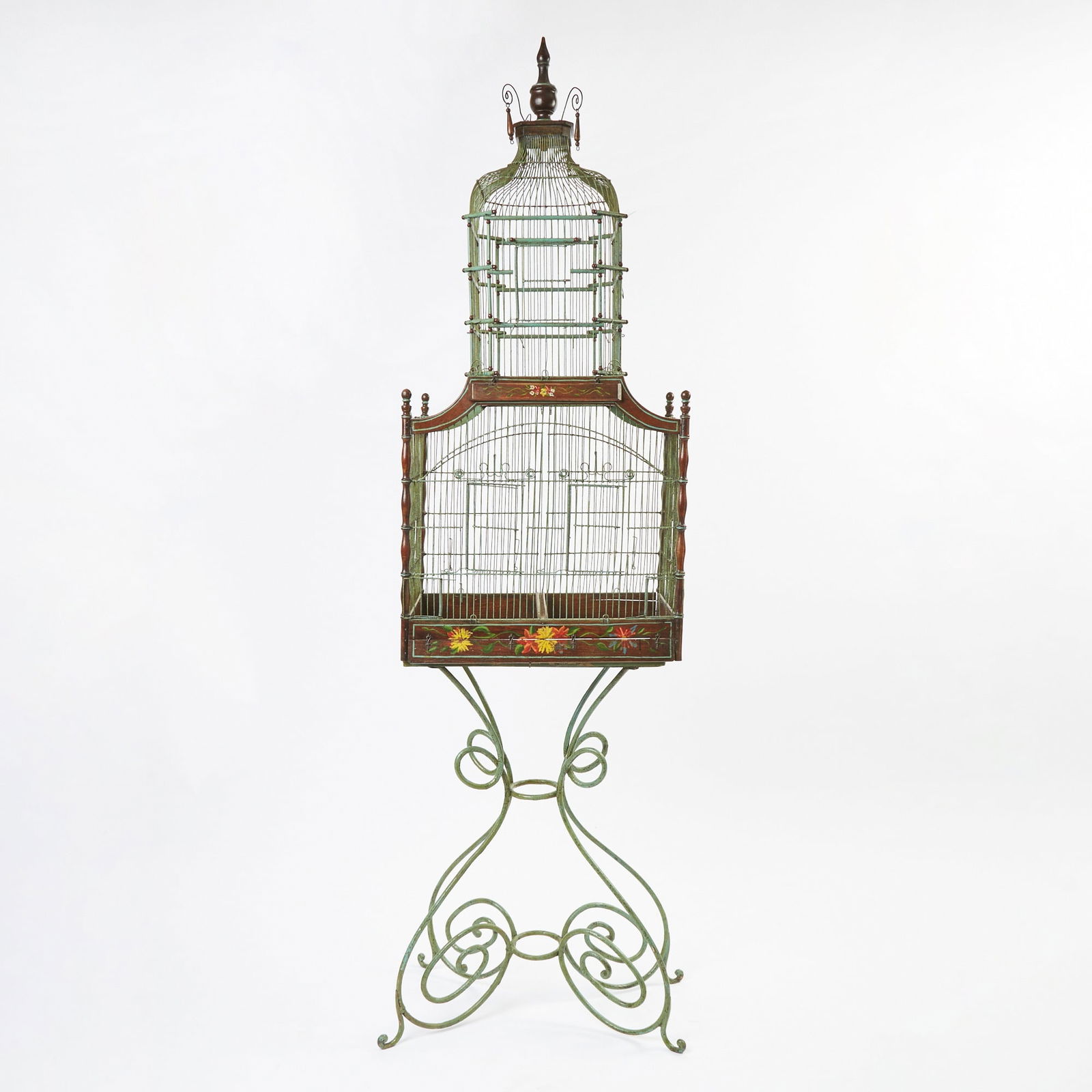 Painted Wirework Birdcage on Wrought Iron Stand: Height 6'2", width 20 inches, depth 12 inches Kentshire Galleries Oct 3 1989