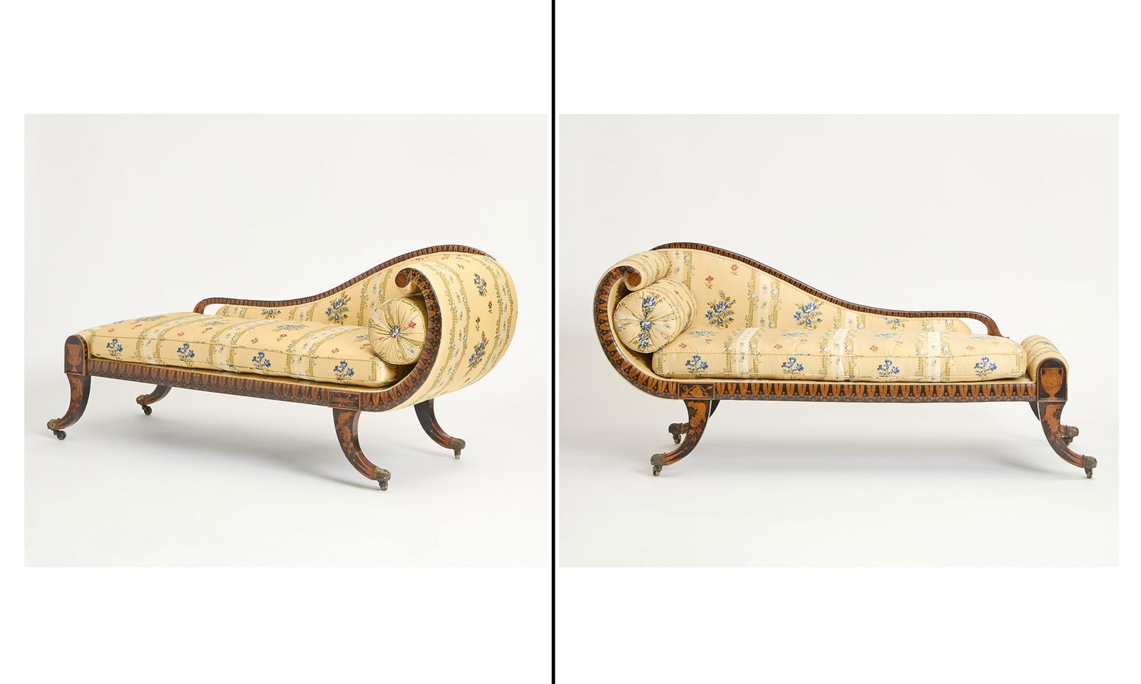 Rare Pair of Regency Penwork Decorated Daybeds Circa 1830: The Grecian-scrolled sofa is 'penwork' ink-blacked in the manner of Etruscan vases, and embellished with palm and vine leaves together with a love-trophy of Cupid's weapons and a Grecian urn on a cipp