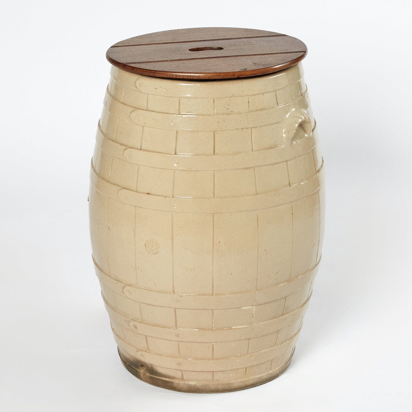 Large Salt Glazed Barrel with Wooden Lid: Height 26 inches, diameter 17 inches.