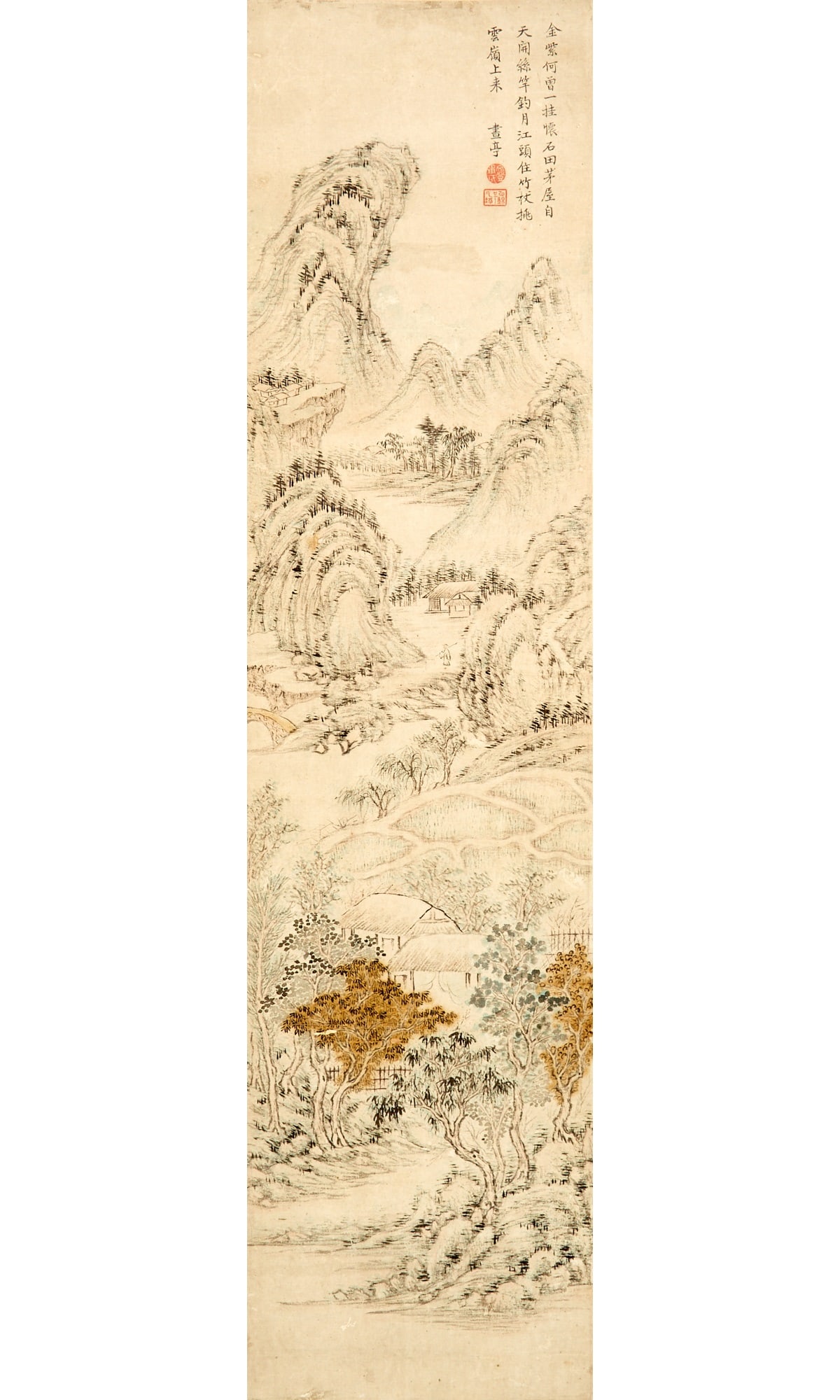 A Chinese Painting, Attribute to Zhang Tianrui Qing Dynasty: Depicting a pavilion within a mountainous landscape. Ink and color on paper; mounted to scroll. (Sight height 37 inches)