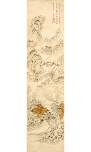 A Chinese Painting, Attribute to Zhang Tianrui Qing Dynasty: Depicting a pavilion within a mountainous landscape. Ink and color on paper; mounted to scroll. (Sight height 37 inches)