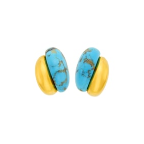 Seaman Schepps Pair of Gold and Turquoise 'Curb Link' Earclips
