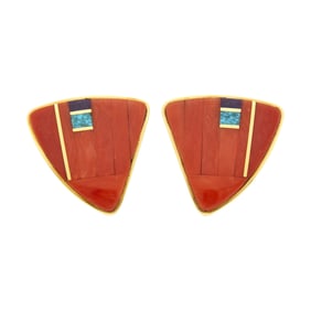 Charles Loloma Pair of Gold, Spiny Oyster and Hardstone Earclips