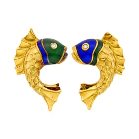 Judith Leiber Pair of Gold, Enamel and Diamond Fish Earclips