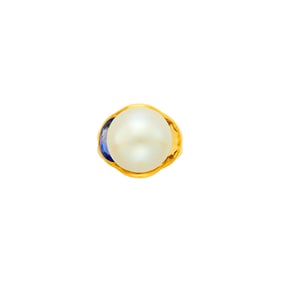 Gold, South Sea Cultured Button Pearl and Gem-Set Ring, France