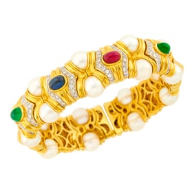 Gold, Cultured Pearl, Cabochon Colored Stone and Diamond Bracelet