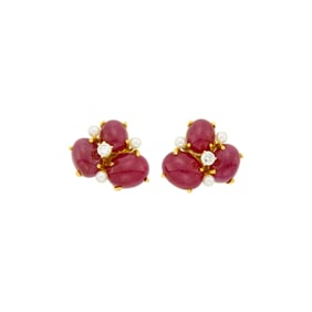 Seaman Schepps Pair of Gold, Cabochon Ruby, Diamond and Cultured Pearl 'Bubble' Earrings