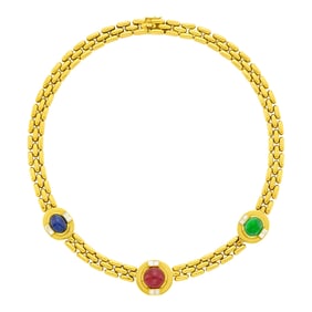 Gold, Cabochon Colored Stone and Diamond Bar Link Necklace