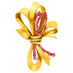 Gold, Platinum, Ruby and Diamond Bow Clip-Brooch, France
