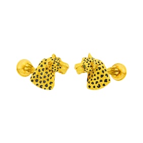 Tiffany & Co. Pair of Gold, Black Enamel and Emerald Leopard Cufflinks