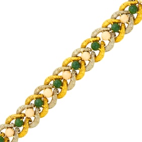 Two-Color Gold, Angel Skin Coral and Nephrite Bracelet
