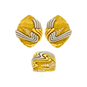 Henry Dunay Pair of Gold, Platinum and Diamond Earrings and Ring