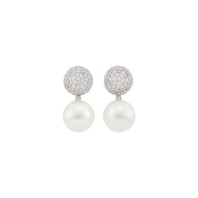 Pair of White Gold, Diamond and South Sea Cultured Pearl Pendant-Earrings
