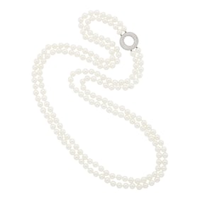 Long Double Strand Cultured Pearl, White Gold and Diamond Necklace