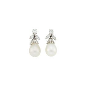 Pair of Platinum, Cultured Pearl and Diamond Pendant-Earrings