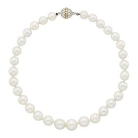 South Sea Cultured Pearl Necklace with Two-Color Gold and Diamond Ball Clasp