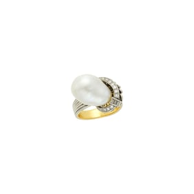 Platinum, Gold, Baroque Cultured Pearl and Diamond Ring