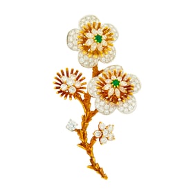 Gold, Platinum, Emerald and Diamond Flower Clip-Brooch