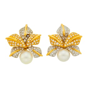 Pair of Two-Color Gold, Cultured Pearl and Diamond Flower Earclips