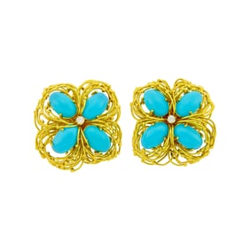 Pair of Gold Wire, Turquoise and Diamond Earrings