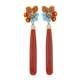 Pair of Gold, Carved Carnelian, Carnelian and Turquoise, Brown Cultured Pearl and Diamond