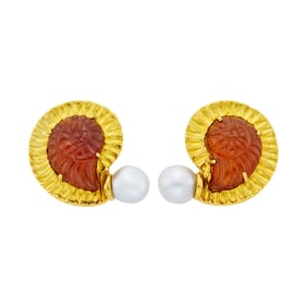 Elizabeth Gage Pair of Gold, Carved Amber and Semi-Baroque Gray Cultured Pearl Earclips