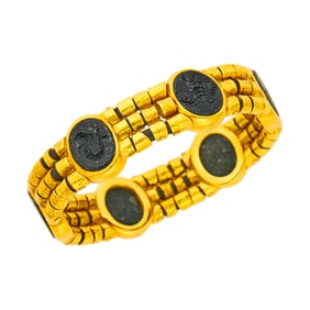 Elizabeth Gage Triple Strand Hammered Gold and Lava Rock Intaglio Bracelet