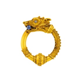Etruscan Revival Gold, Sapphire and Diamond Animal Head Circle Brooch