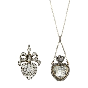 Antique Silver, Gold and Diamond Heart Pendant and Rock Crystal and Diamond Heart Pendant with Chain