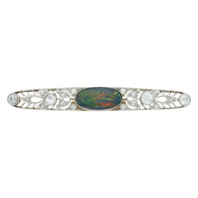 Antique Platinum, Gold, Black Opal and Diamond Brooch