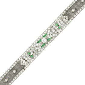 Platinum, Diamond and Emerald Mesh Bracelet